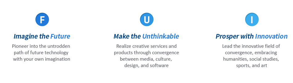 F:Imagine the Future(나만의 상상으로 누구도 가보지 않은 새로운 미래기술 세계를 개척) - U:Make the Unthinkable(미디어, 컬처, 디자인, 소프트웨어 융복합을 통해 창의적인 서비스와 제품을 구현) - I:Prosper with Innovation(인문 사회 예체능 분야를 망라한 혁신적 융복합 분야을 주도)